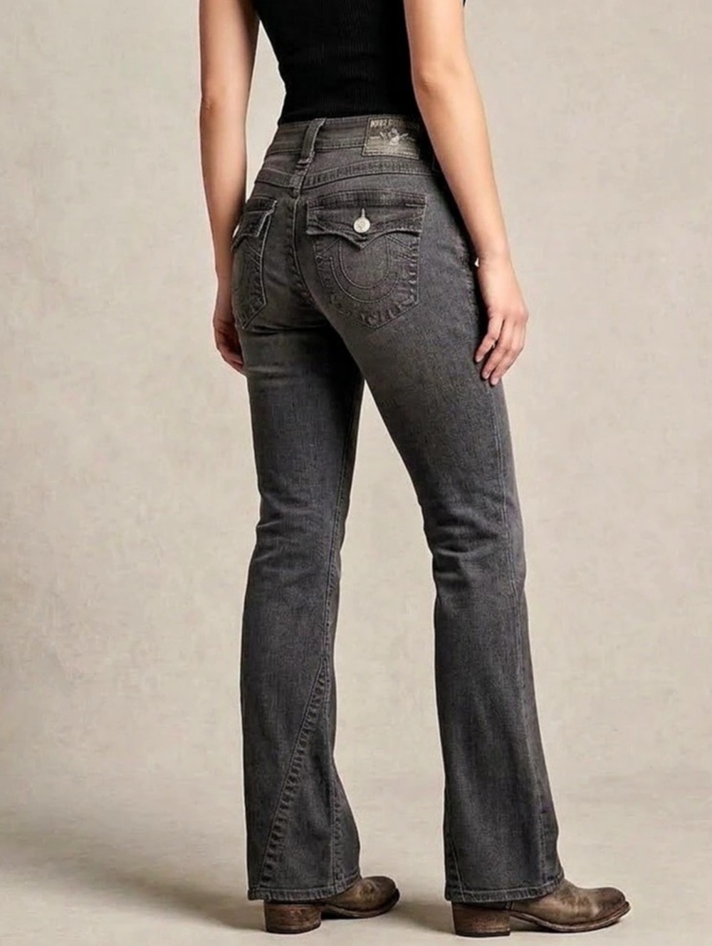 True Religion Y2K Black Low Rise Flare Jeans Size 26 Horseshoe Flap Pocket